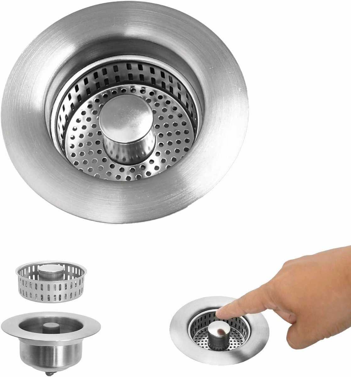 3-in-1 Pop-up Afvoerstopper voor Keuken, Waterdicht, RVS 304, Geschikt voor Gaten van 75-87mm, Vuilafstotend en Dubbele Dichting