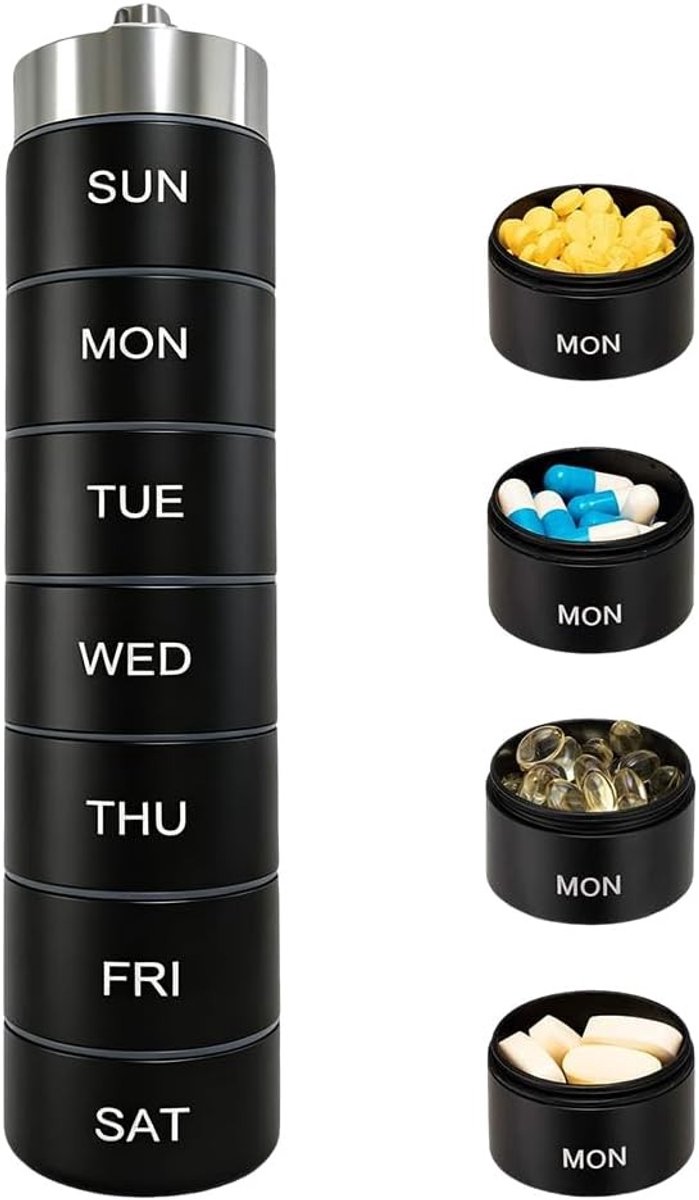 Draagbare en Waterdichte Tablet Box voor 7 Dagen, Stapelbare Medicijnopbergdoos voor Vitaminen en Supplementen, Aluminium en Stofdicht Design