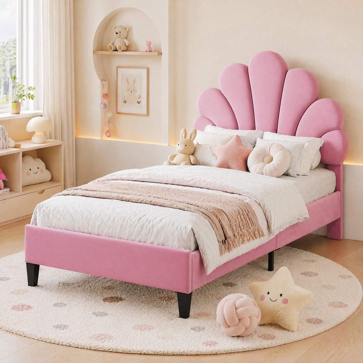 COVREO Kinderbed met bloemenhoofdbord – 206x100x110,5 cm – Bedframe met lattenbodem – voor kinderen en tieners – Pink - zonder matras