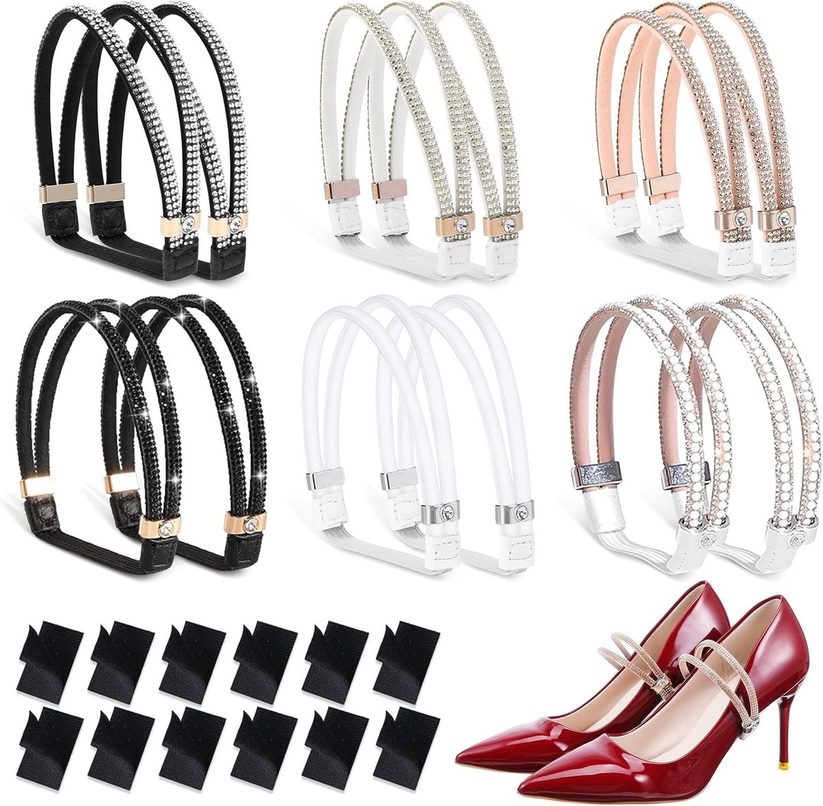 Verstelbare Elastische Schoenriemen voor Hakken, 6 Paar Antislip Veters voor Sandalen en Slippers met Strass Decoratie