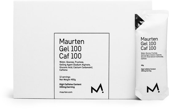 Maurten Gel 100 Caf 100 met ingrediënten en 100mg cafeïne per portie. Verpakking van 12x40g.
