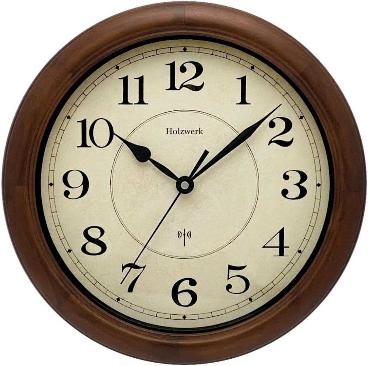 Radiogestuurd uurwerk - Bruine houten wandklok - 35 cm diameter - Massief hout met mineraalglas - Voor woonkamer en kantoor