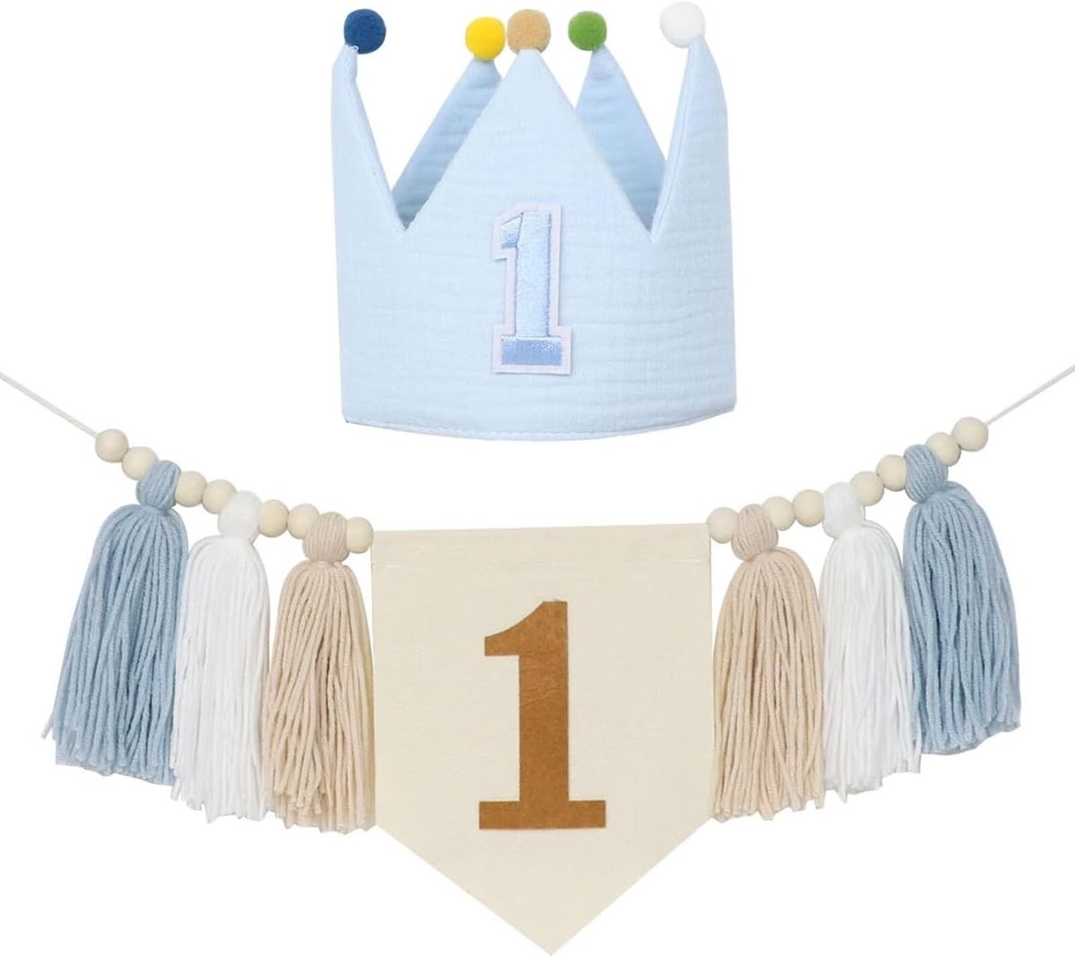 Boho 1e Verjaardag Meisje Decoratieset met Handgemaakte Cake Topper en Kroonhoed voor Feestelijke Versiering