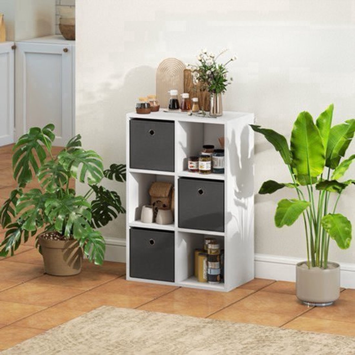 Opbergplank – Opbergkast – Opbergmeubel – Plank – Rek – Grijs – 6 Compartimenten – 3 Stoffen Laden