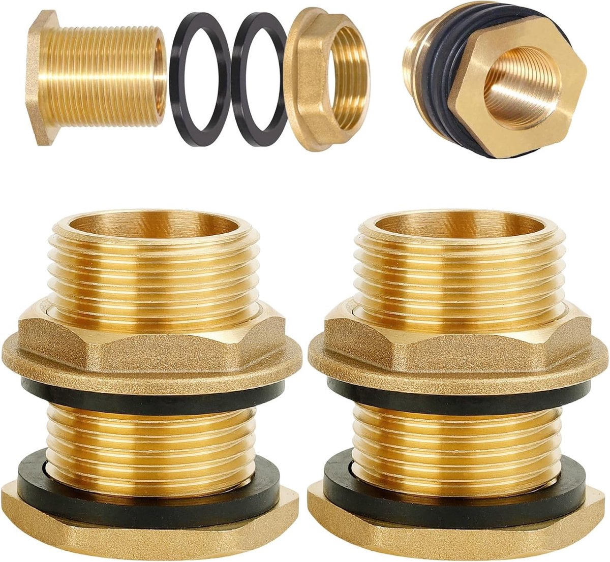 2 Stuks Regenwater Tank Connector, Messing Water Slang Aansluiting, Universele Doorvoer voor Regenwatertanks, IG 1/2 x AG 3/4, Geschikt voor Waterkranen en Vaten