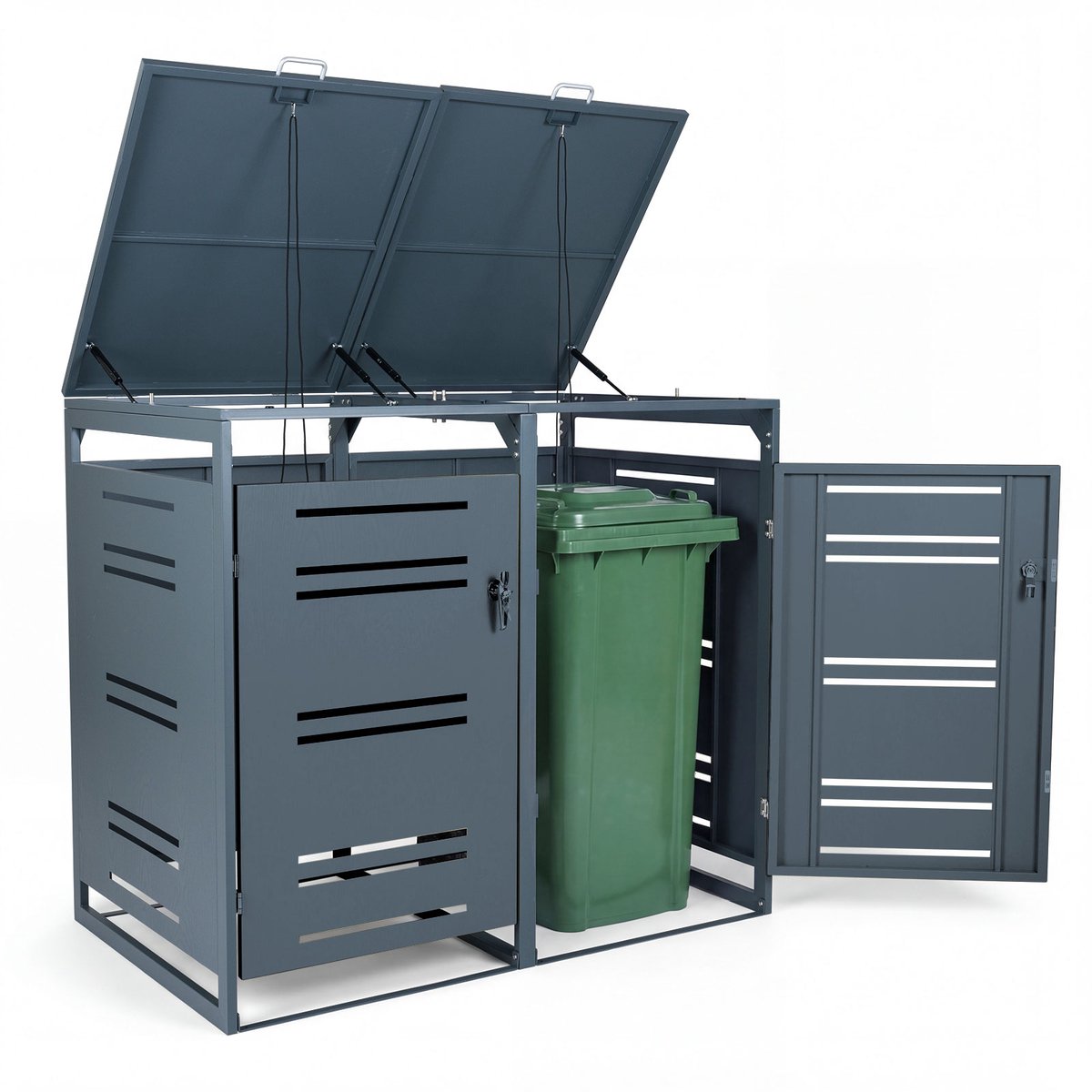 COSTWAY afvalcontainerbox voor 2 stuks van 240 l, metalen afdekking voor 2 afvalcontainers, afvalcontainerhuis met afsluitbare deur, gasveer en schokdemper, weerbestendige afvalcontainers voor buiten (grijs)