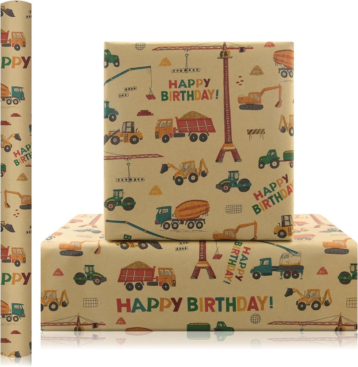 Verjaardag inpakpapierrol met bouwvoertuigen zoals graafmachines en kranen, kraftpapier, 1 rol 43 x 1000 cm, perfect voor jongens en feestjes