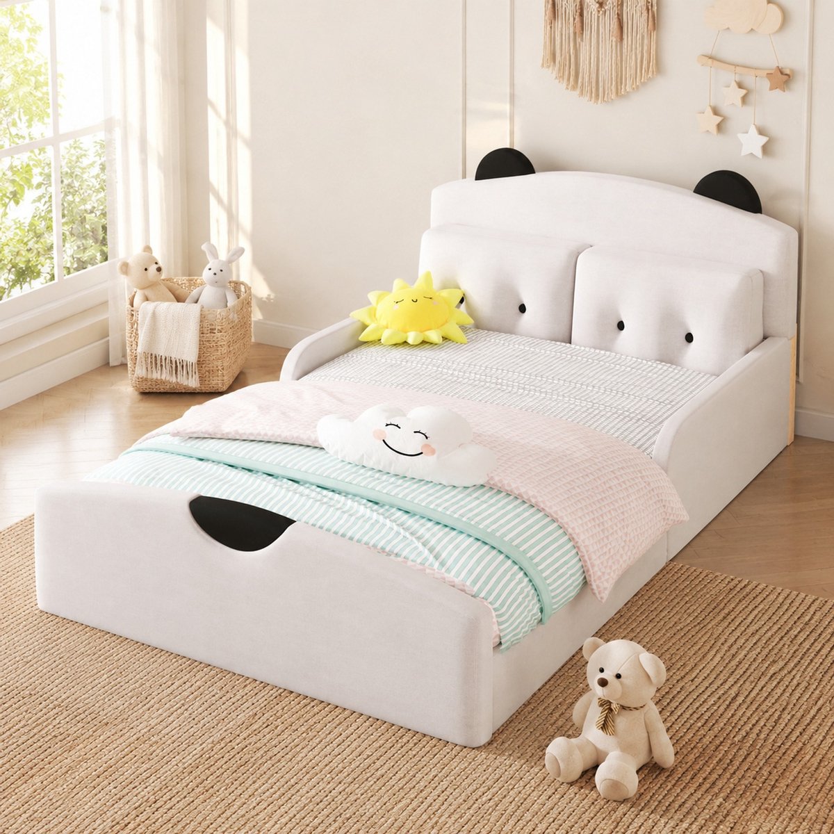 Tweepersoons Bed 140x200 Cm Zonder Matras Gevuld Hoofdeinde Met Beren Design Met Twee Sierkussens Kinderkamer Wit