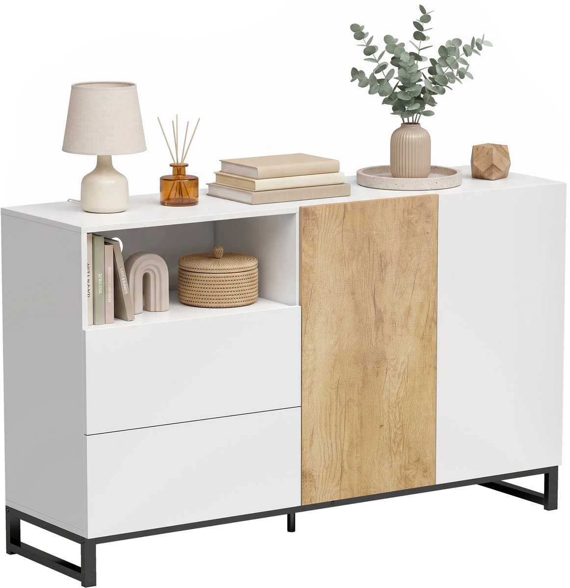 Dressoir voor de woonkamer - opbergmeubel met 2 soft - close deuren - 2 lades en een verstelbare plank - wit en eikenhout