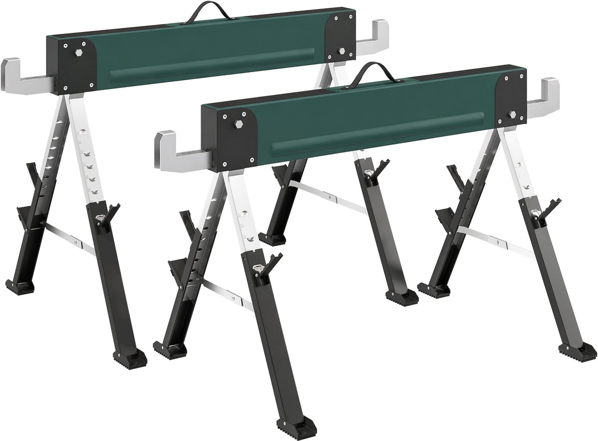 Set van 2 opklapbare metalen schragen - maximale belasting 1160 kg - verstelbare hoogte 64 - 81 cm - draaghendel - groen