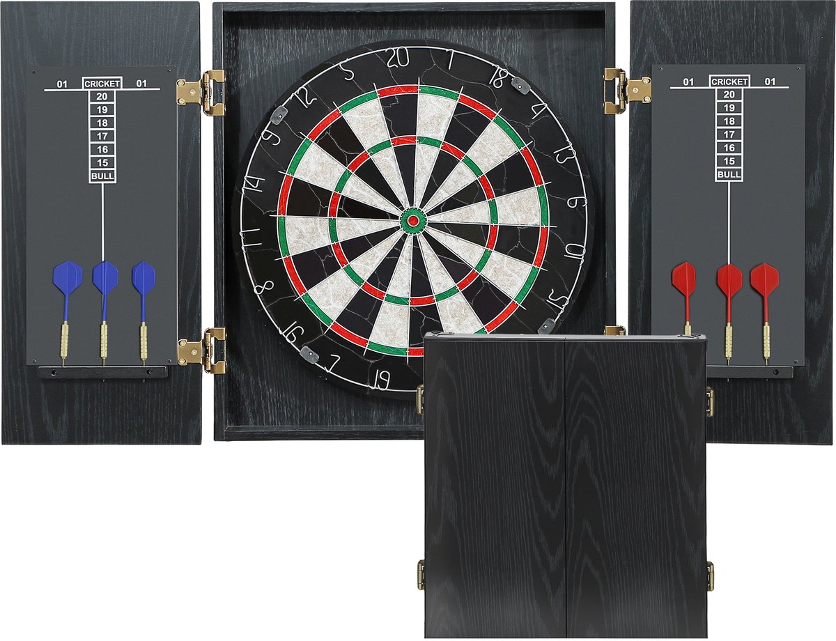 Sisal dartbord met opbergkast - 6 stalen dartpijlen en 2 scoreborden - 100x55x9cm - zwart