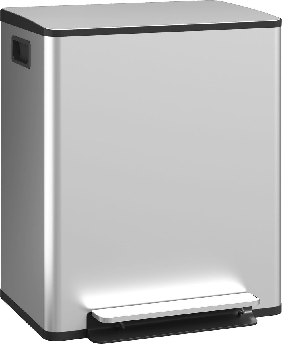 Keukenafvalbak met 2 compartimenten (2 x 25 liter) - roestvrij staal - deksel met softclose - systeem - 47 - 7 x 37 - 5 x 56 cm - zilverkleurig