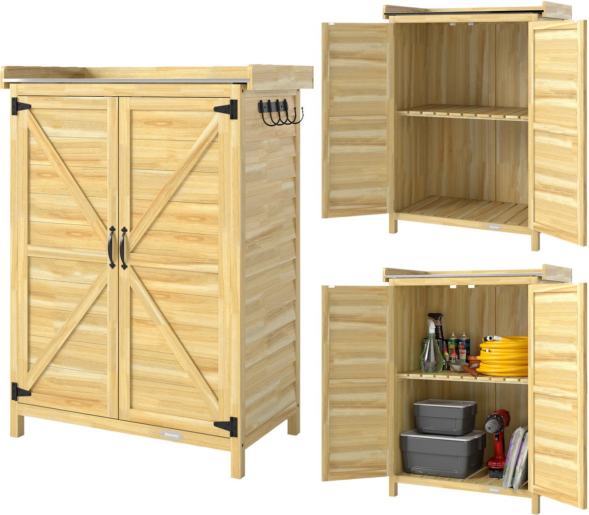 Tuinkast - houten opbergkast voor buiten - gegalvaniseerd metalen blad - 71 - 5x39x95cm - naturel