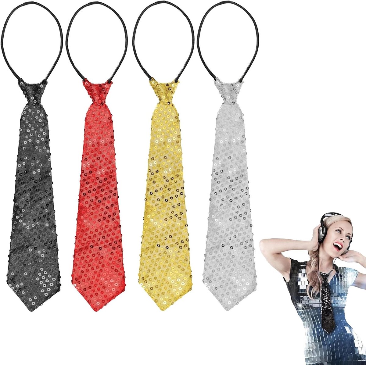 Sequin Stropdassen voor Mannen - Glanzende Kostuumaccessoires voor Feestjes, Carnaval en Halloween, Vooraf Gemaakt met Elastiek