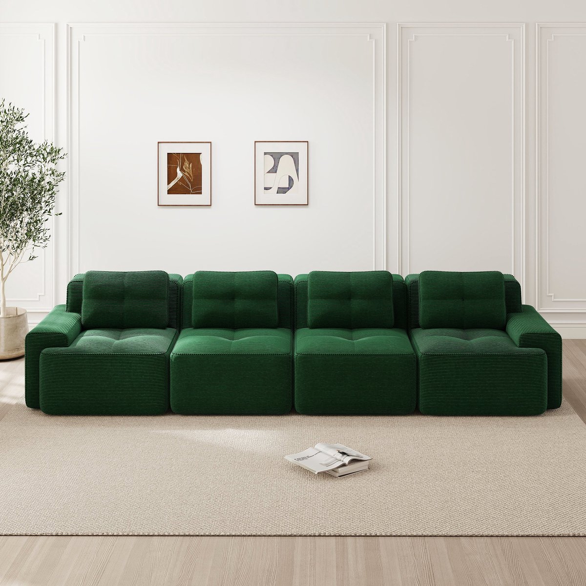 Woonkamer vierpersoonsbank - modulaire bank - diepe kussen corduroy wolkenbank - bank zonder montage - antislip ontwerp - groen