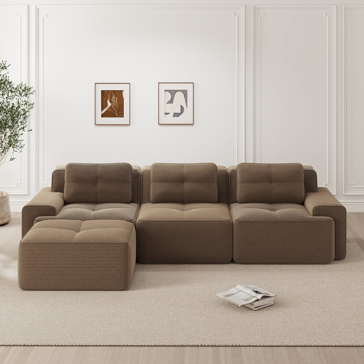 L-vormige 3-zitsbank - modulaire bank met voetenbank - corduroy Cloud bank - voor de woonkamer - kant-en-klare bank - bruin