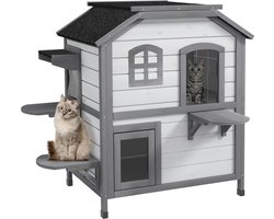 PawHut Katzenhaus mit Asphaltdach, Outdoor Katzenhütte mit Treppen, 2-Etagen Katzenvilla, Wasserfest, Garten, Tannenholz, Weiß, 78 x 55,5 x 91 cm
