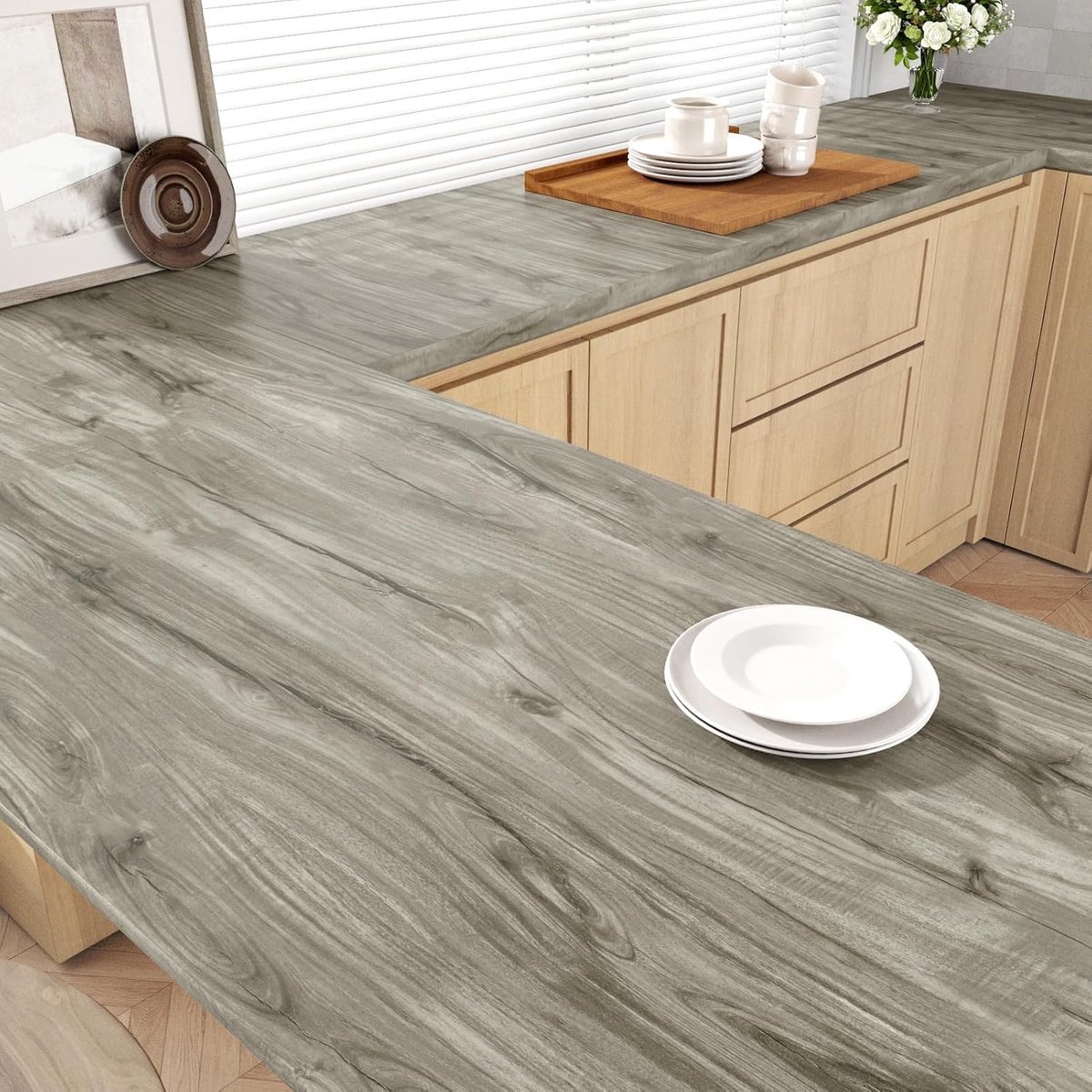 Grijs Zelfklevend Behang voor Meubels - Houtlook Plakfolie voor Werkbladen en Keukens - 40 x 300 cm Decoratieve Wandbekleding voor Woonkamer en Slaapkamer