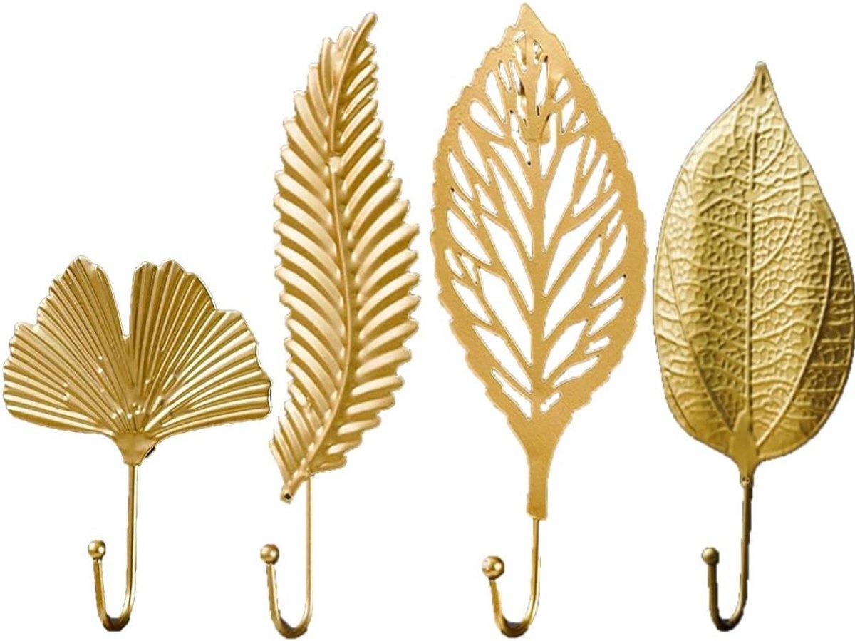 Set van 4 Muurhaken voor Kleding - Vintage Ginkgo Biloba Blad Haken voor Hal, Badkamer en Keuken, 11-21 cm Lengte, Ideaal voor Organisatie en Decoratie