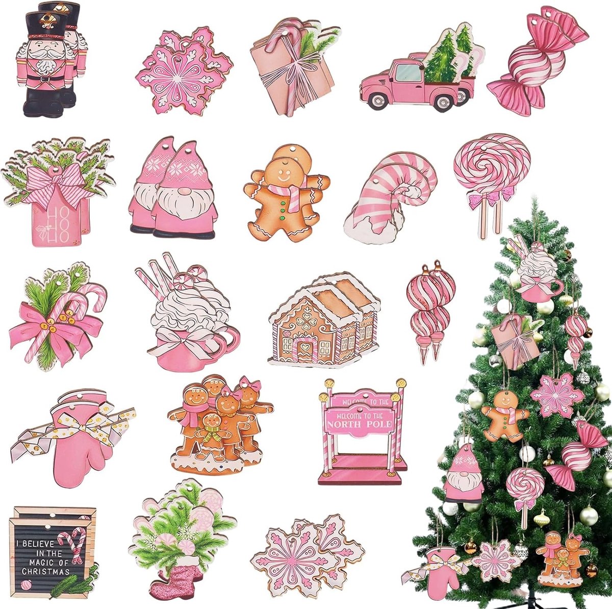 Houten Kerstdecoratie Hangers, 40 Stuks Roze Hangers voor de Kerstboom, Feestelijke Versieringen voor Binnen en Buiten