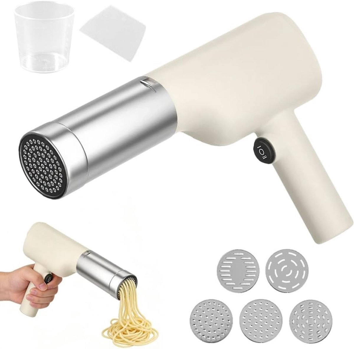 Draagbare elektrische pastamaker met 5 persmallen voor zelfgemaakte spaghetti, ideaal voor reizen en picknicks
