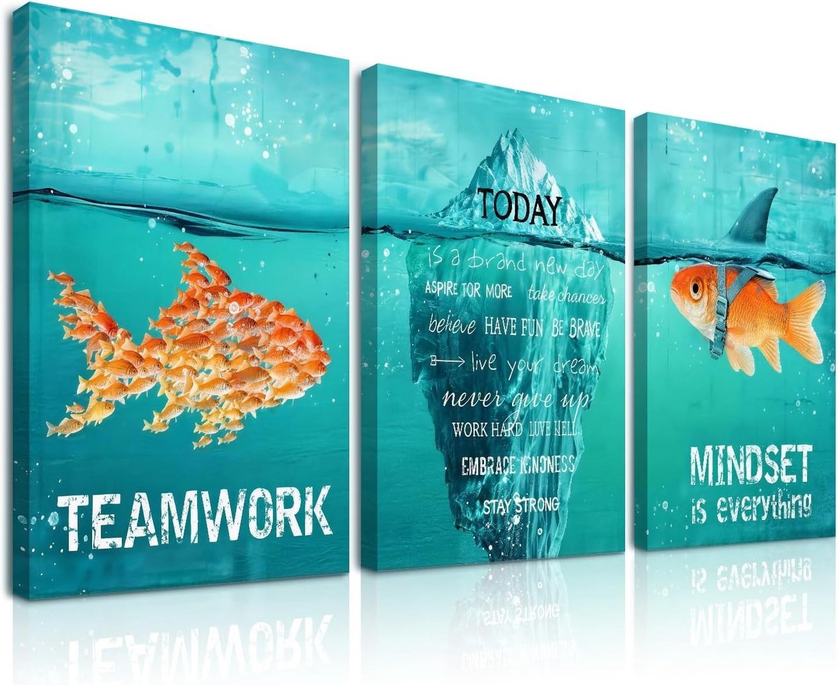 3-delige ingelijste motivatie wanddecoratie voor kantoor, met vissen en haaien en inspirerende quote "Teamwork Mindset" voor slaapkamer en thuiskantoor, 30x40cm