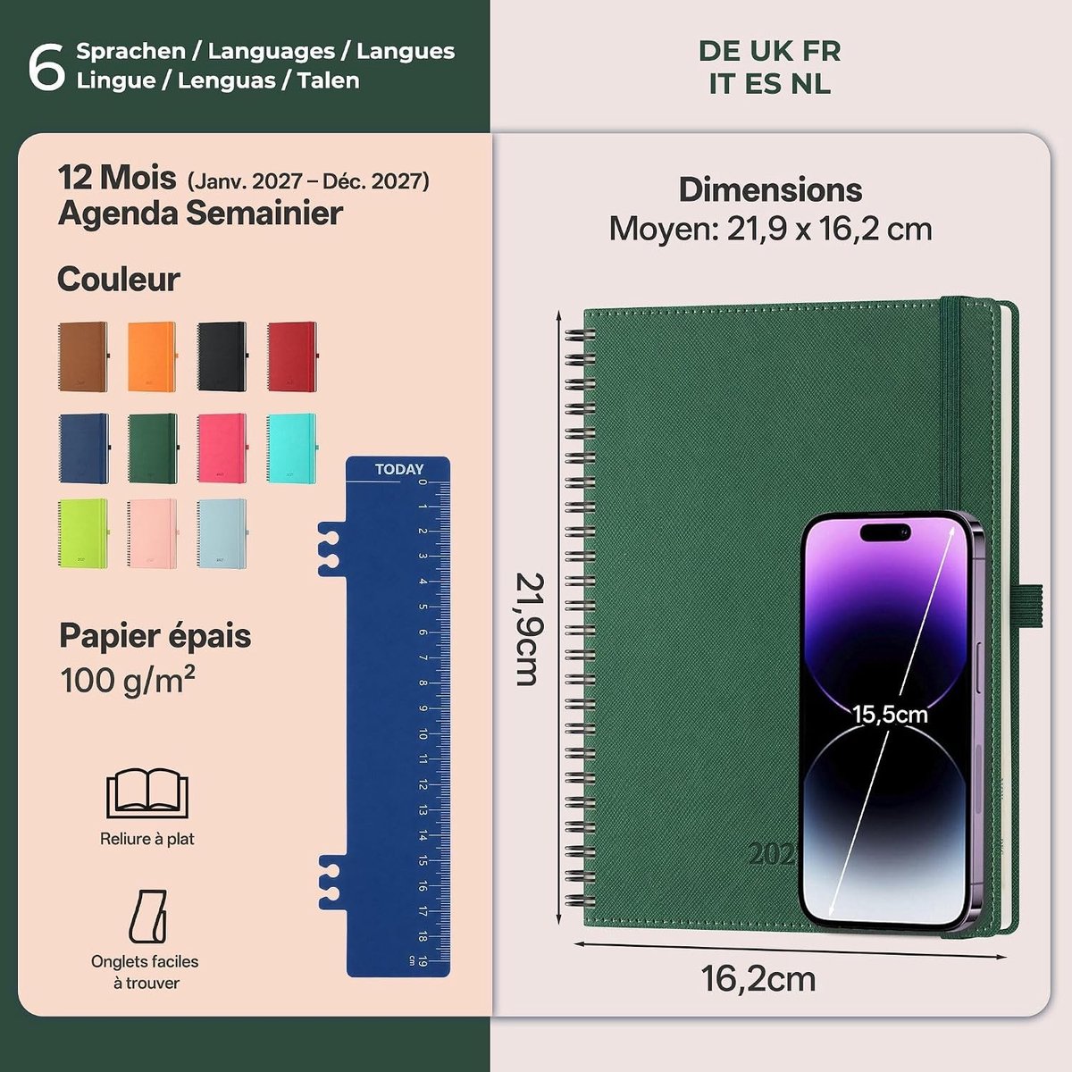 Agenda - Zwart - 21,9 x 16,2 cm - Flexibele Ringband met PU-leer - Voor Studie en Werk