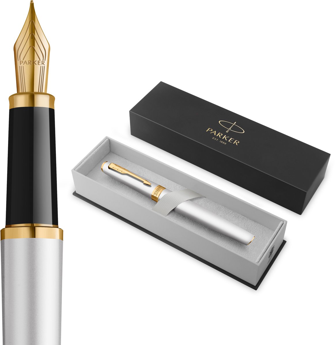 Parker Meridian Vulpen | Chroomlak met gouden accenten | Middelgrote penpunt | Handschriftpennen & Schrijfwaren | Blauwe inkt | Luxe Cadeaudoos