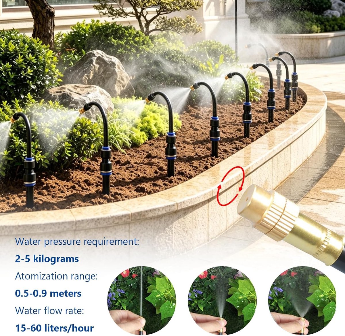 Automatisch 360° Tuin Irrigatiesysteem van 15 m met Verstelbare Spuitmond, Mistwater Set voor Planten in de Tuin en Op het Balkon, Inclusief Bevestigingspluggen