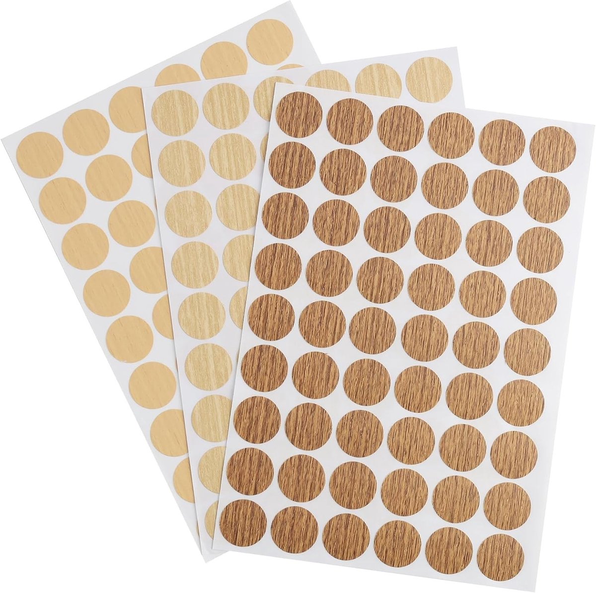 Zelfklevende Schroefgatafdekkers, 162 Stuks, 3 Vellen van 21 mm, Houtstructuur Ontwerp, Voor Meubels zoals Kasten en Planken, Meubelafdekkers, Kleur: Licht Eiken, Verberg Schroefgaten en Beschadigingen