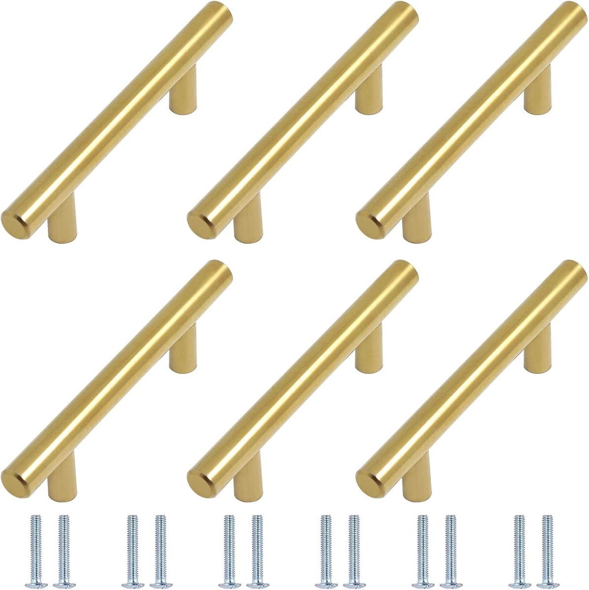 Stainless Steel T-Bar Kastgrepen Set van 6 met 12 Schroeven voor Keuken, Badkamer en Slaapkamer Meubels, 96mm Gouden Afwerking