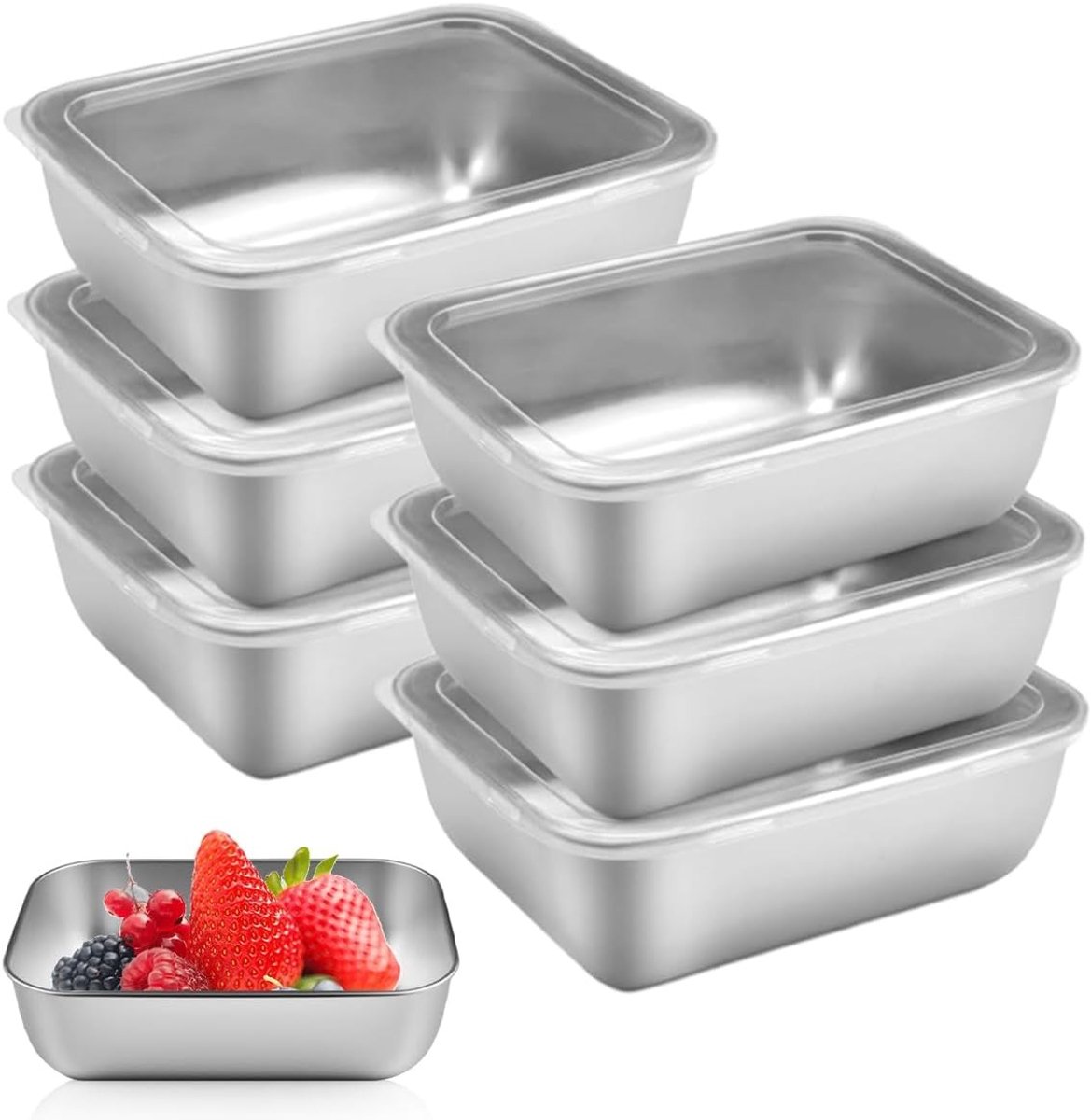 Set van 6 RVS Voedselopslagdozen met Deksel, Stapelbare Containers voor Fruit, Kaas en Salade, Duurzame Metalen Bewaarboxen 13.5x10.5x4.5cm