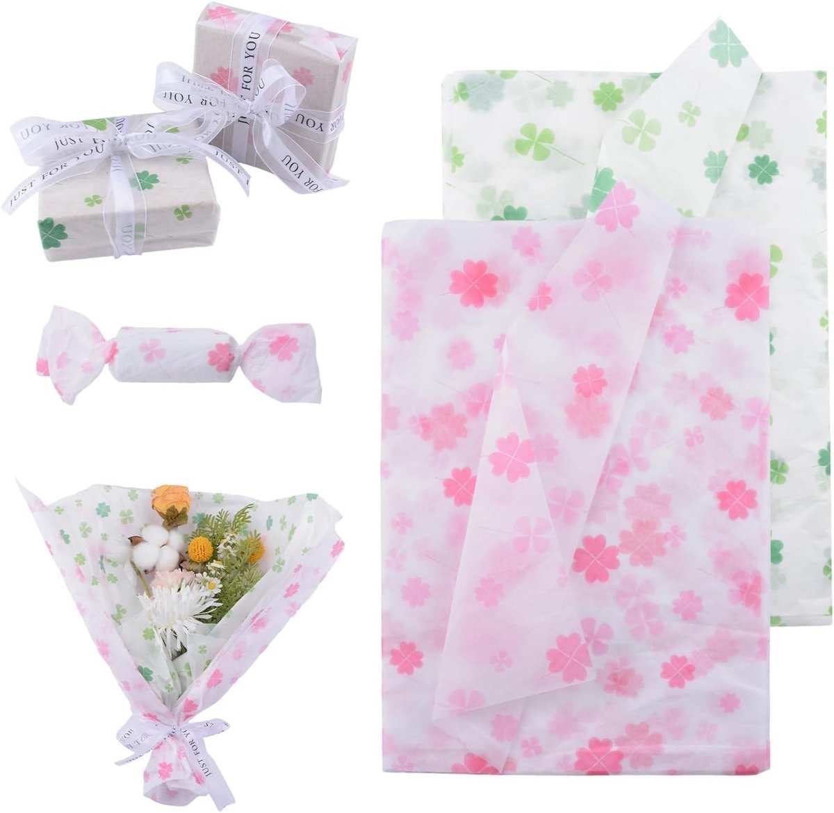 Clover in bulk, 100 stuks groen en roze inpakpapier voor St. Patrick's Day, cadeauverpakkingen, bloemen, snoep en DIY knutselprojecten, 50x68cm