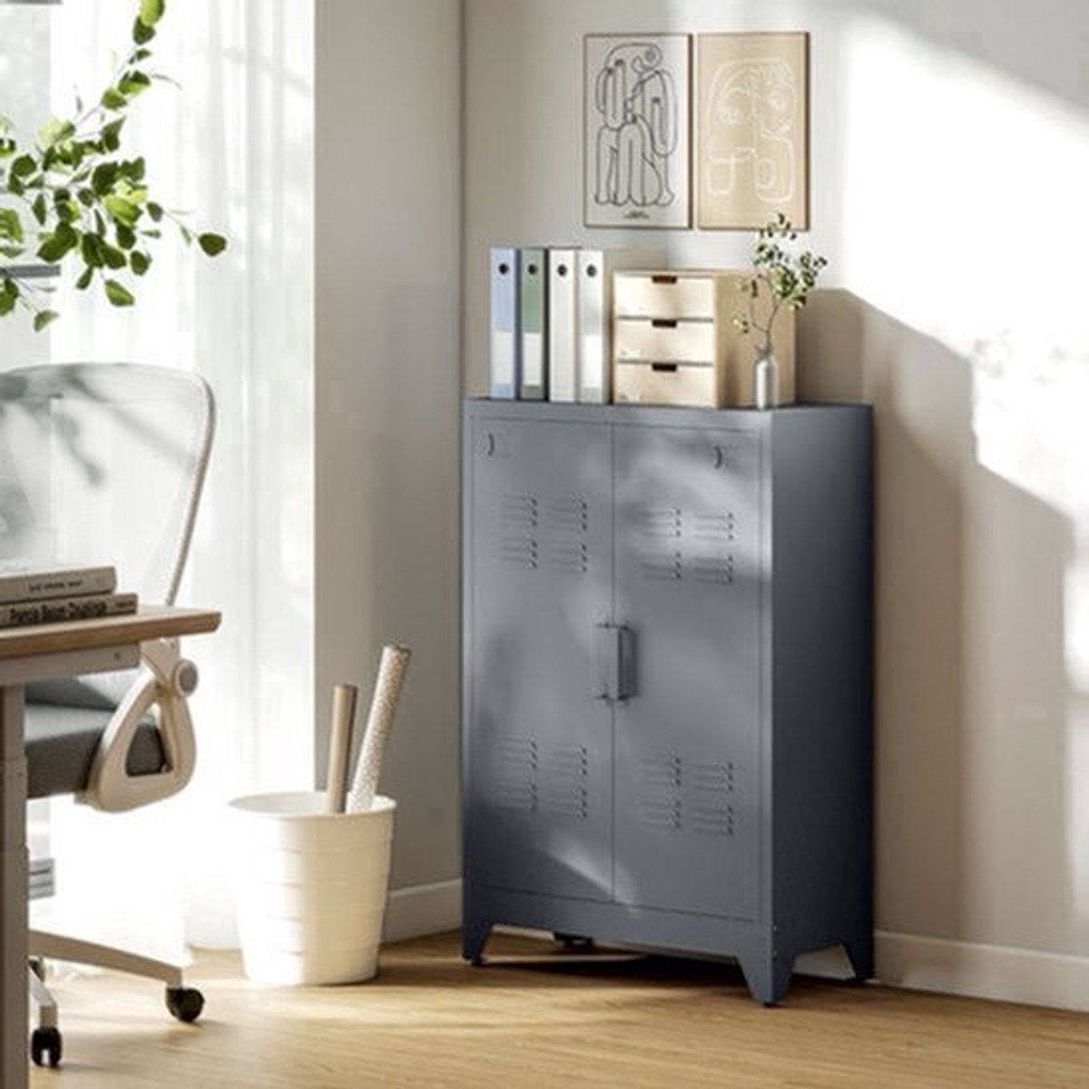 Archiefkast – Opbergkast – Kantoorkast – Dossierkast – Metalen Kast – Grijs – Lameldeuren – 2 Verstelbare Legborden – Stevig en Functioneel – 75x33x110 cm