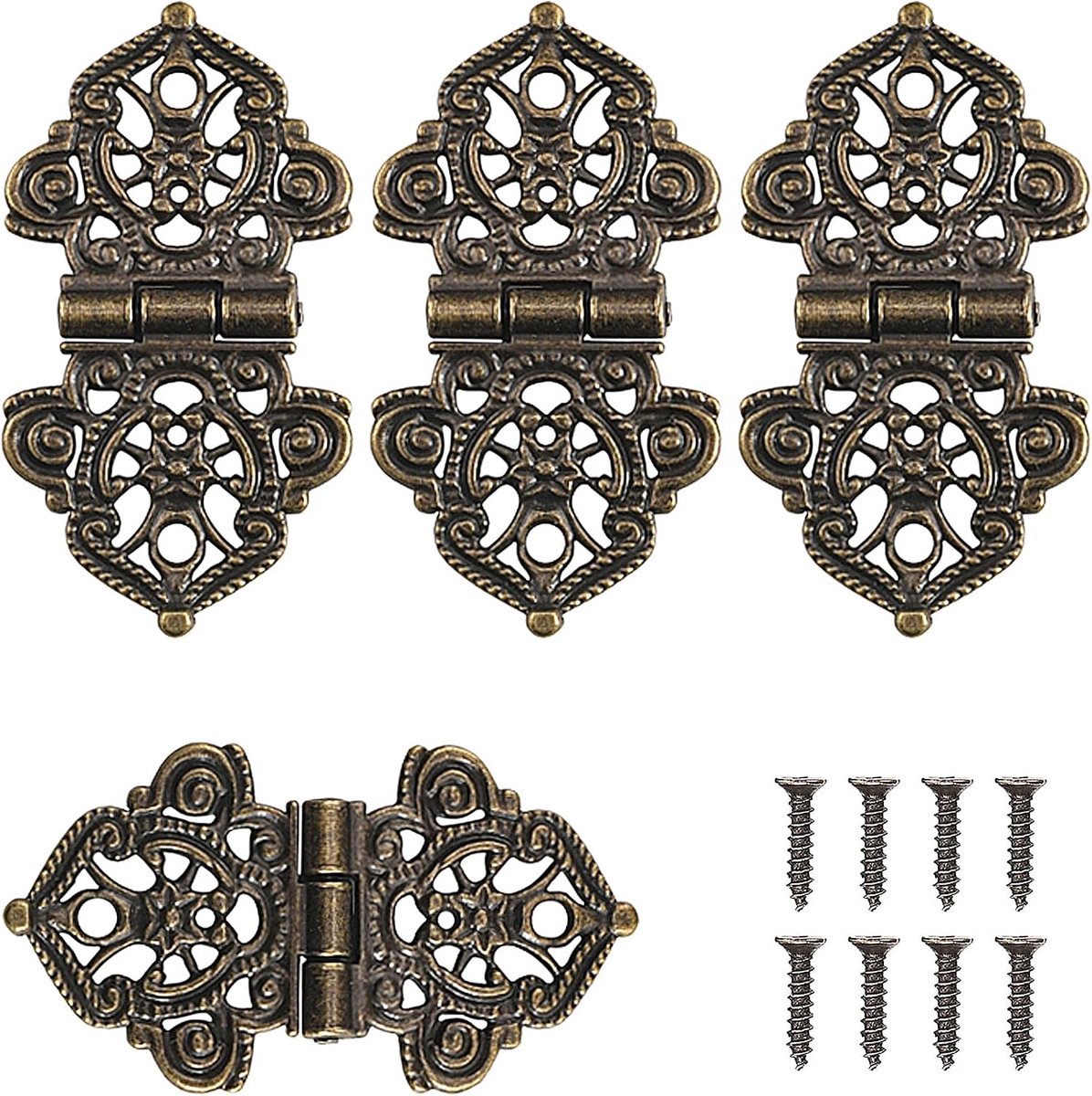 4 stuks - vintage scharnieren- scharnieren- scharnier- Antieke scharnieren-metalen scharnieren-Doosscharnier- Decoratieve scharnieren-Scharnieren voor meubels- Met schroeven- voor kasten, kastdeuren, kisten