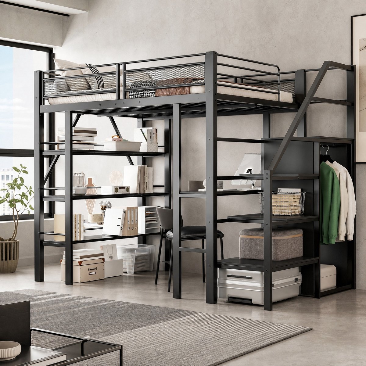 COVREO Hoogslaper met bureau – 140x200 cm – Bedframe met kast en trap – voor slapen, werken en opbergen – Zwart - zonder matras