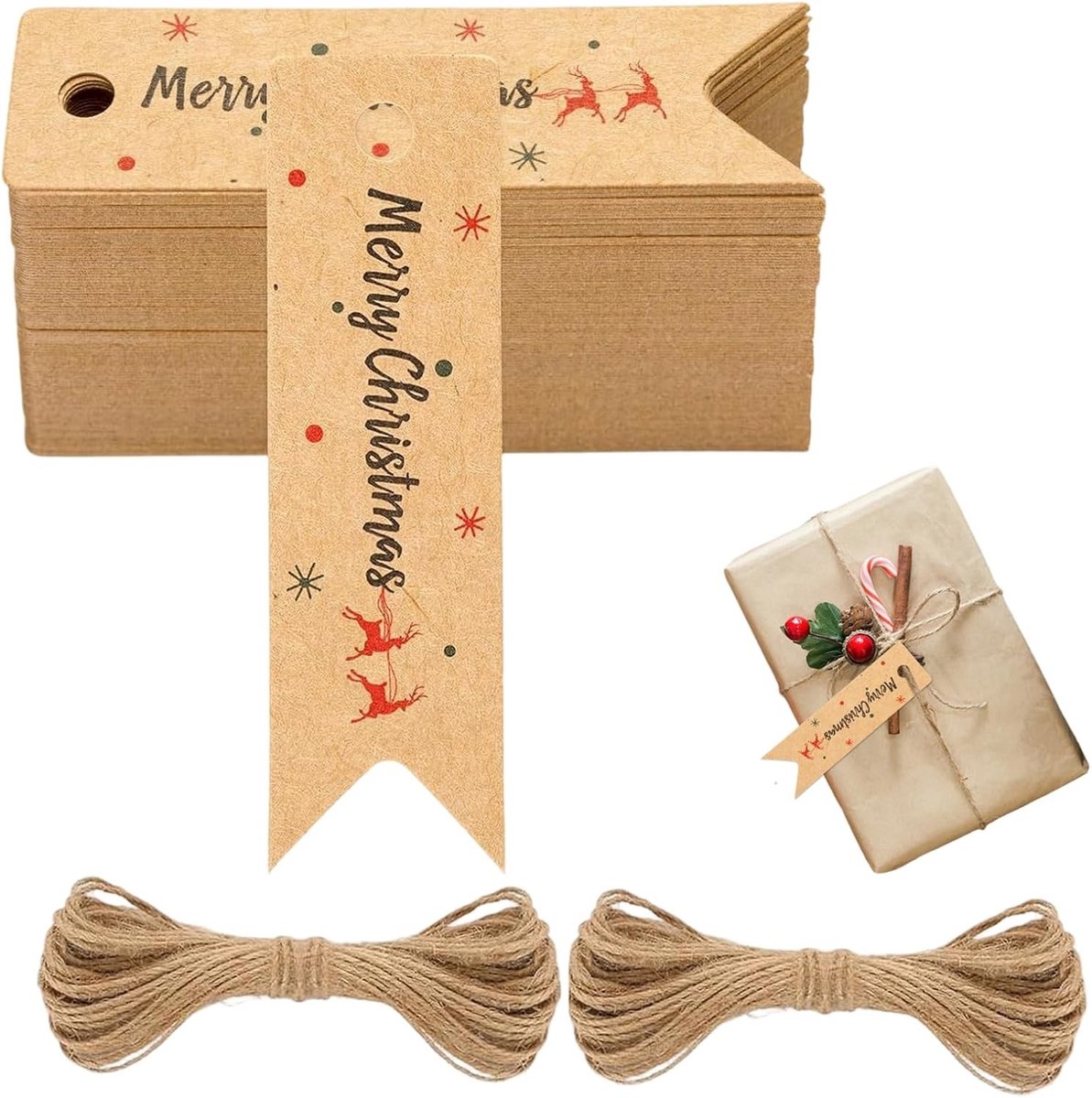100 Kraftpapier Cadeaulabels met Jute Touw - Mini Kaarten voor Kerstdecoratie en DIY Feestelijke Gelegenheden