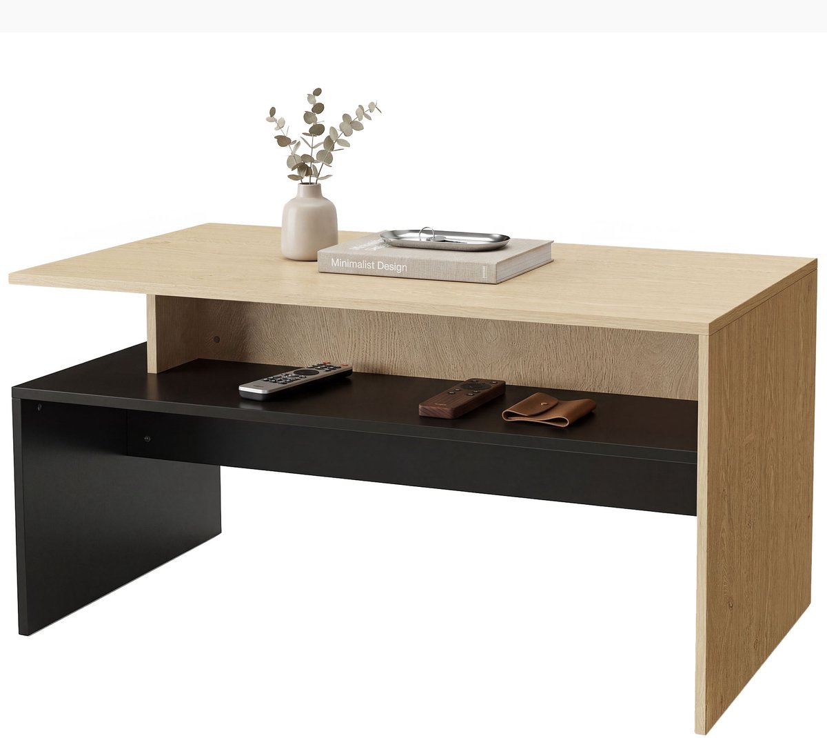 Rechthoek salontafel tweekleurig - 95x55x50 cm - met opbergruimte - Natuurhout & Zwart