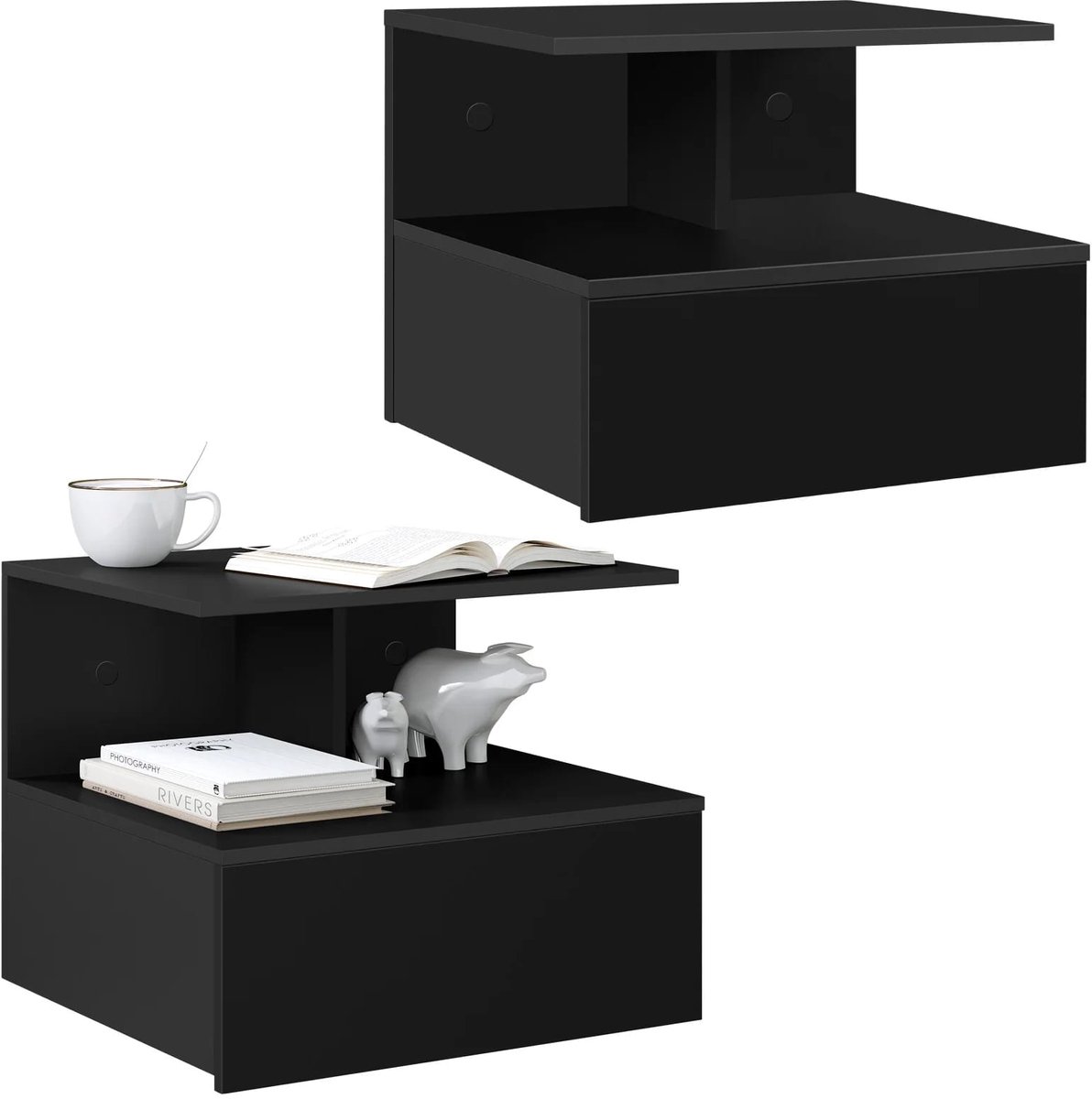 Klarven® Nachtkastje Zwart - Nachtkastjes Set van 2 - Zwevend, Ruimtebesparend, Makkelijk Schoon te Maken - B 40 x D 35 x H 31 cm