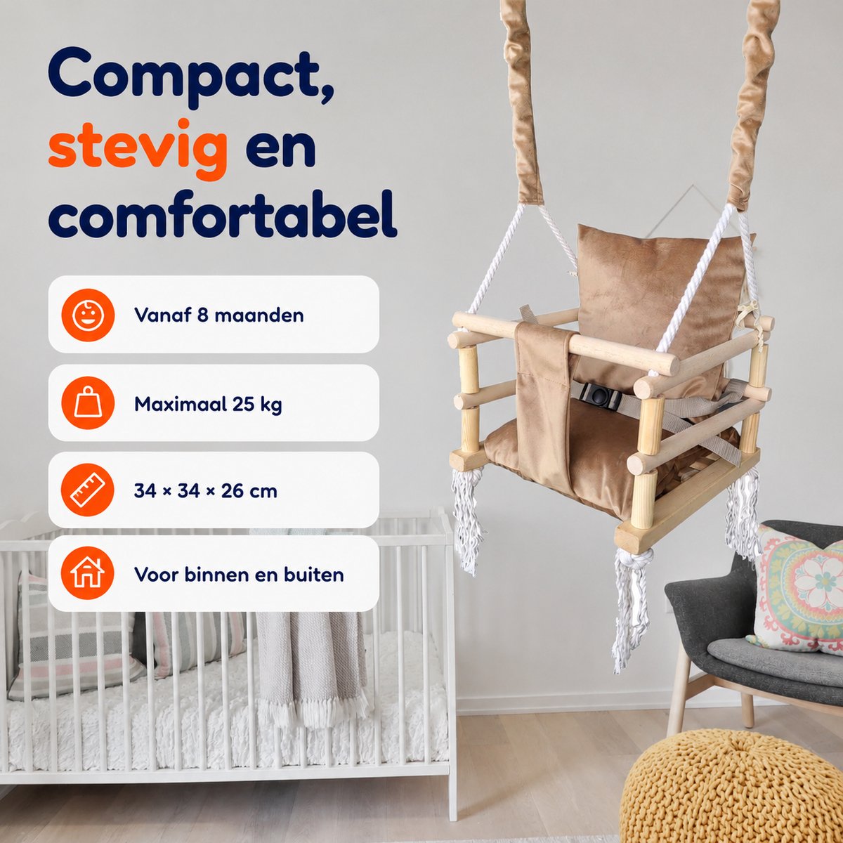 Trendmix Houten Babyschommel 3-in-1 – Meegroei Kinderschommel & Schommelzitje – Binnen & Buiten – Tot 25 kg — afbeelding 7