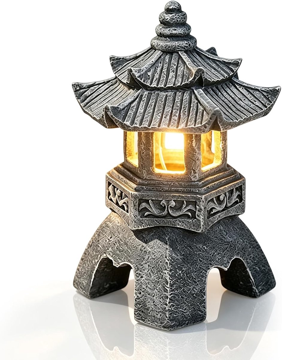 Zonverlichte Pagode Lamp voor de Tuin, Japanse Decoratie, Sfeervolle Buitenverlichting, 26x17cm