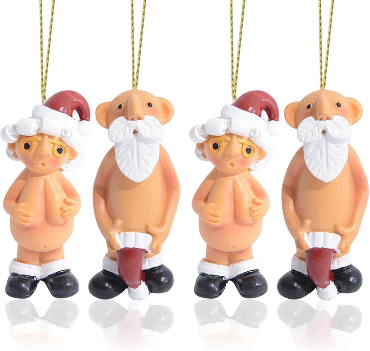 Grappige Kerstballen Set van 4 Stuks 5 cm - Binnenhuis Kerstdecoratie met Naakte Kerstman voor een Veilige en Robuuste Hangdecoratie