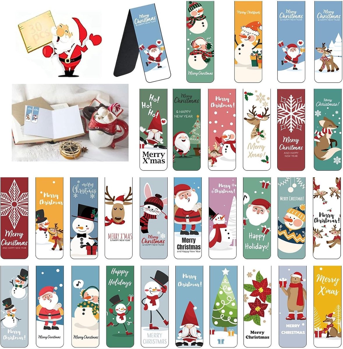 Kleurige Magnetische Boekenleggers - 30 Stuks met Kerstman, Sneeuwman en Rendier Patroon voor Boekenliefhebbers