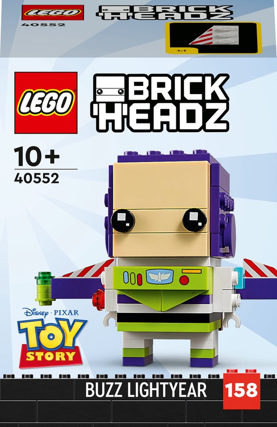 LEGO BrickHeadz Buzz Lightyear 40552 in verpakking, met paarse helm en groene borst.