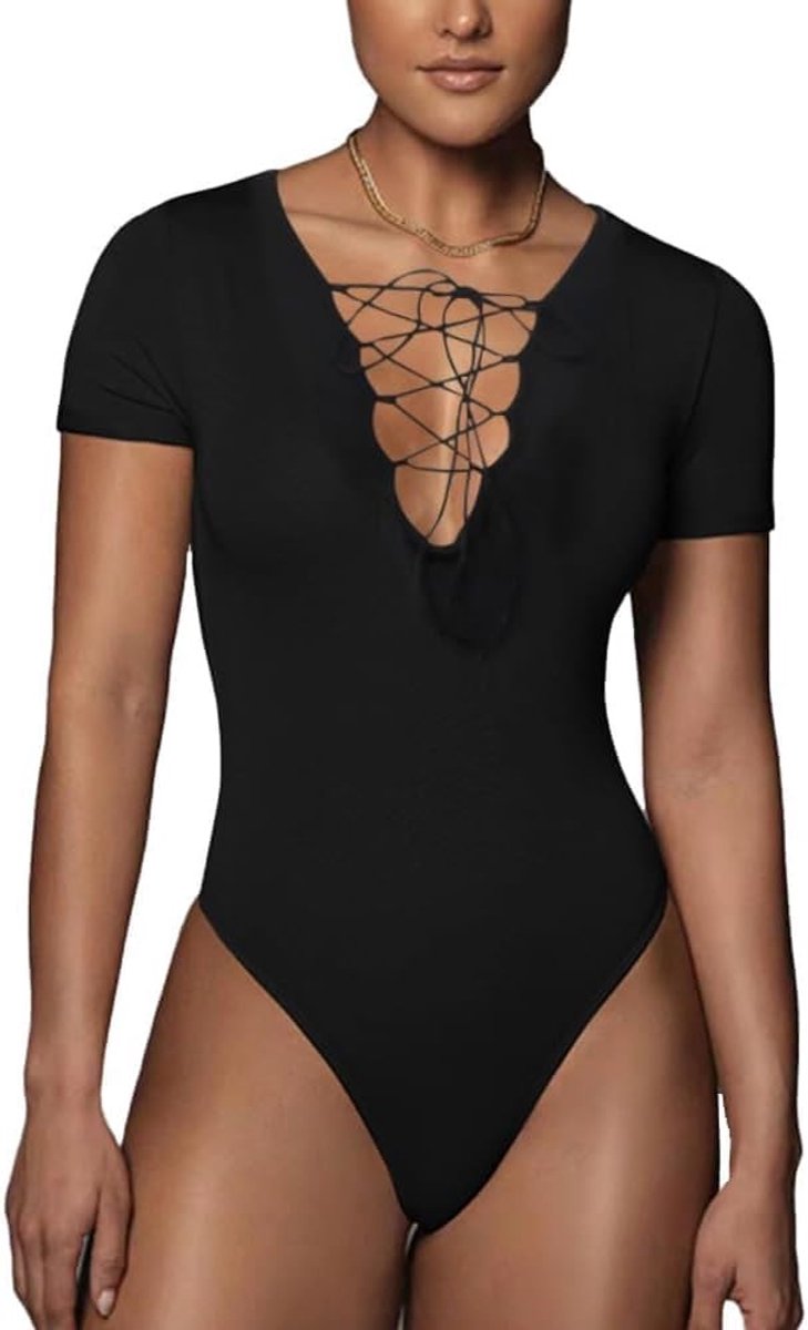 Aansluitende Jumpsuit voor Dames met Vetersluiting en Diepe V-hals - Korte Mouwen Sexy Bodysuit voor Feest, Uitgaan en Vakantie
