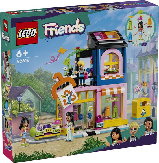 Magasin de vêtements vintage LEGO Friends avec trois figurines : Liann, Jordin et Olly. Le magasin a une façade jaune avec un auvent rose et des décorations.