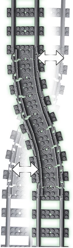Wisselspoor voor LEGO treinrails, met twee witte pijlen die de richting aangeven.