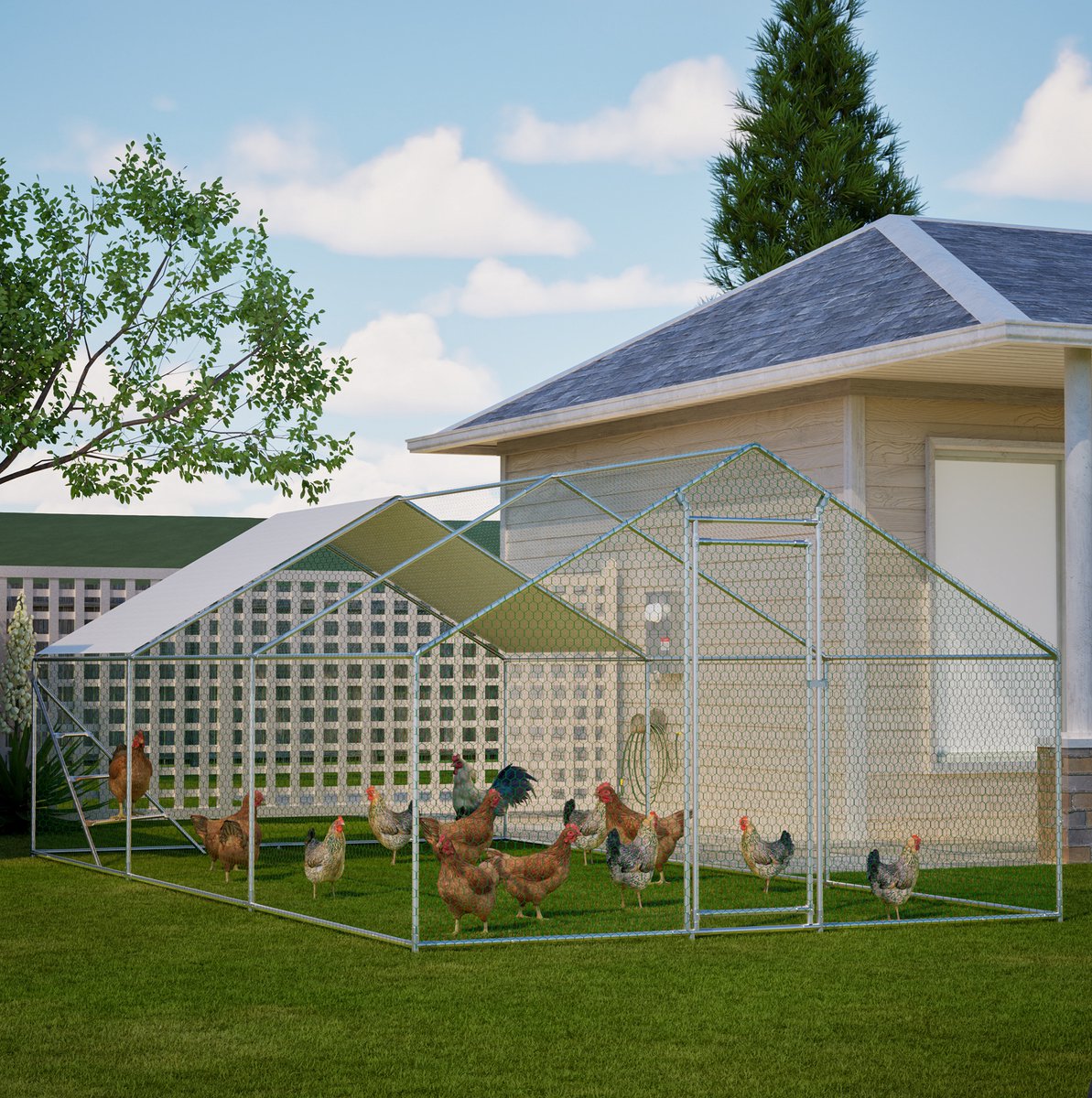 Kippenren Versterkt – 3 x 6 M – Met Dak En Klimrek – Verzinkt Staal Met PVC Gecoat Gaas – Grijs – Buitenverblijf Voor Kip En Gevogelte