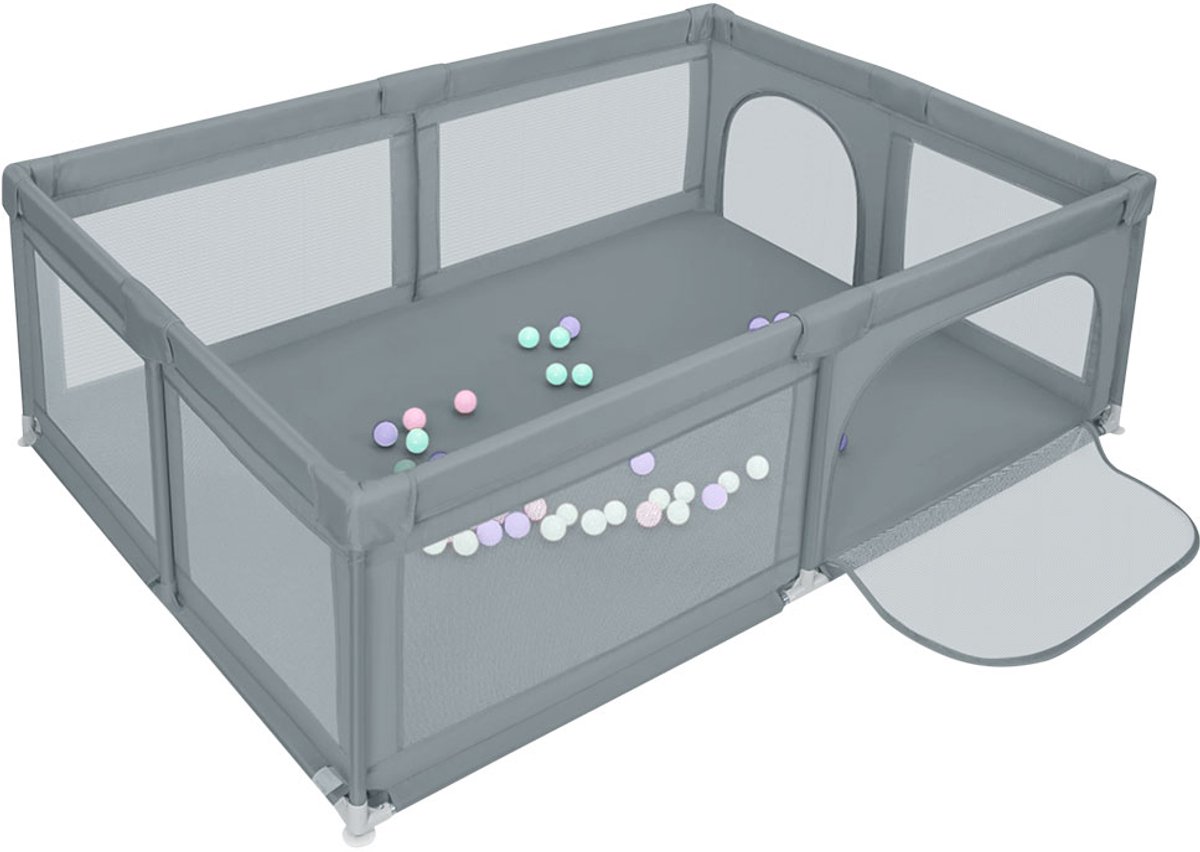 PIPIPOXER Baby Grondbox – Babybox 205 x 147 cm - Speelmat –Kinderbox - Speelbox– Inclusief Speelmat & 50 Speelballen- Kruipbox Playpen - Basket – Donkergrijs