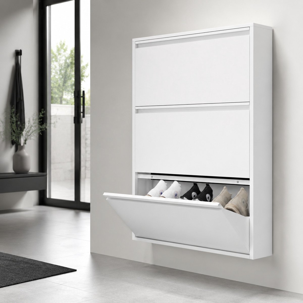 STILVORA Schoenenkast Wandgemonteerd Met 3 Klepdeuren Smal Metalen Schoenenopberger Voor Hal Wit 80x15,2x109,25 Cm